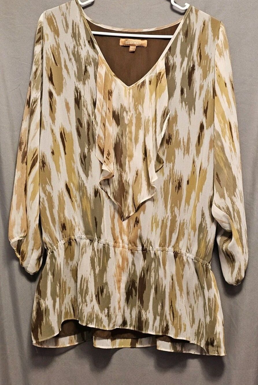 Ellen Tracy Womens XL Ruffle Front Blouse Abstract Ikat Print Elastic Waist V...